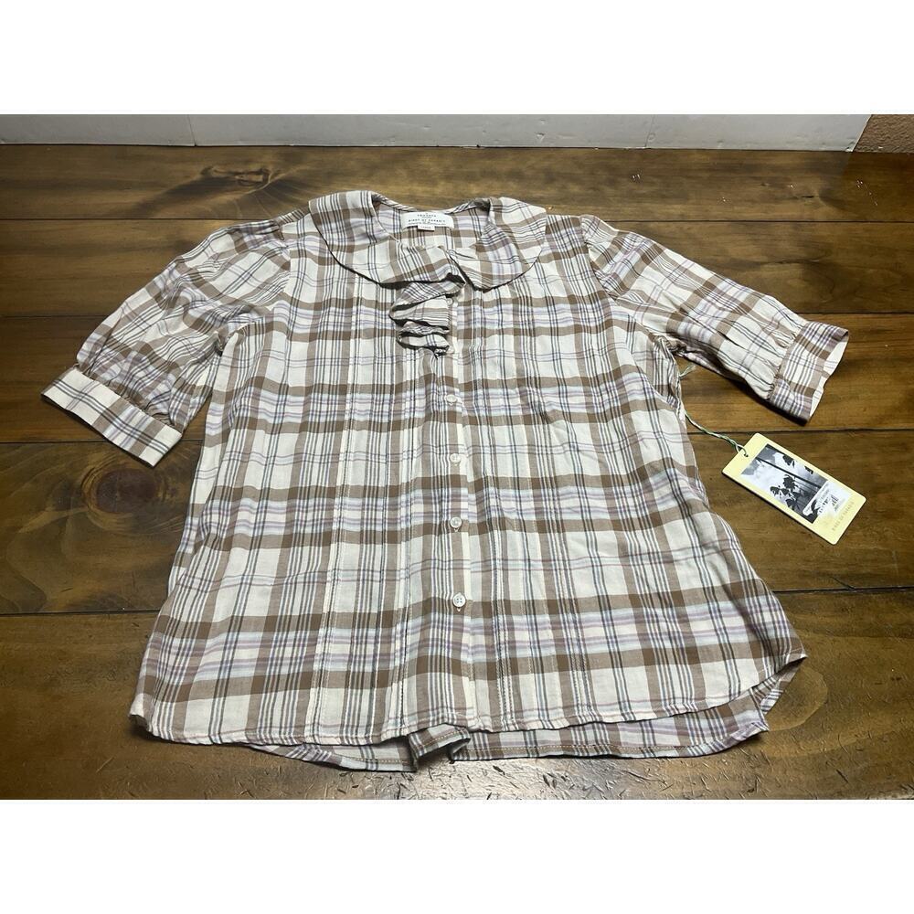 Trovata Birds of Paradise Ruffled Collared Plaid Top Size Large NWT